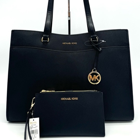 Michael Kors Large MF Pocket Shoulder Tote Bag & Double Zip Wallet Black/Gold